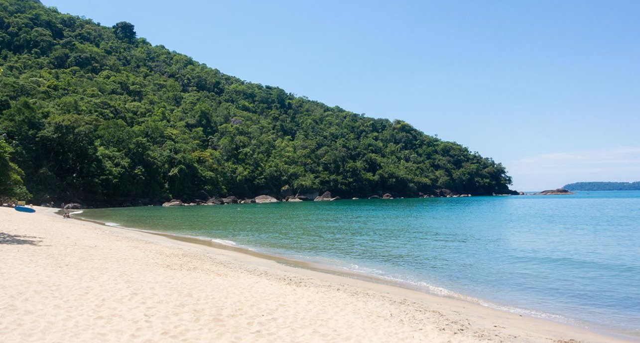 paisaje playero, concretamente la zona de la costa de Ubatuba. Al fonde se ve una montaña con bosque salvaje tropical. A la derecha se encuentra la costa del mar con colores turquesas predominantemente